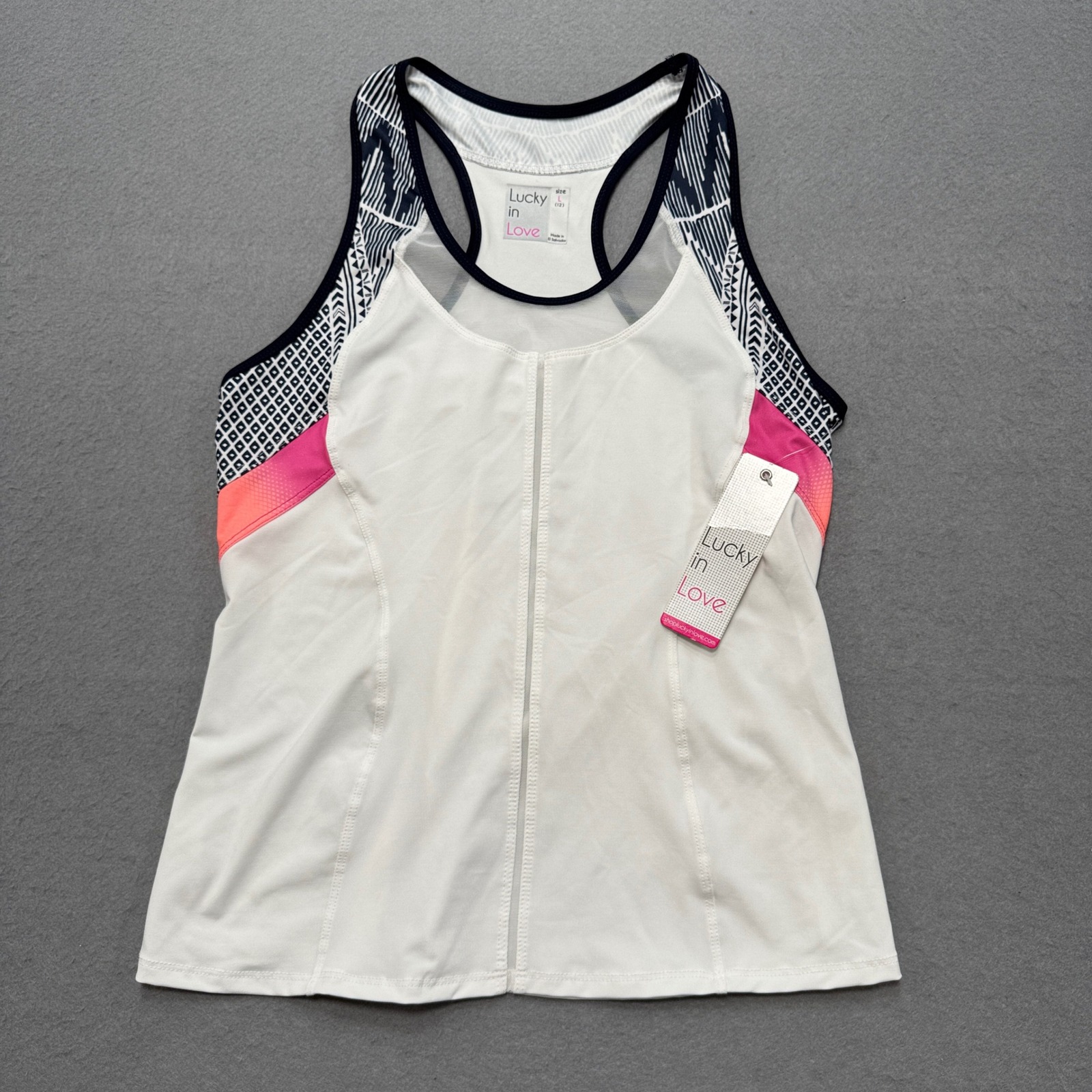 New Lucky In Love Tank Top Women's Large White Racerback Tennis Golf Activewear